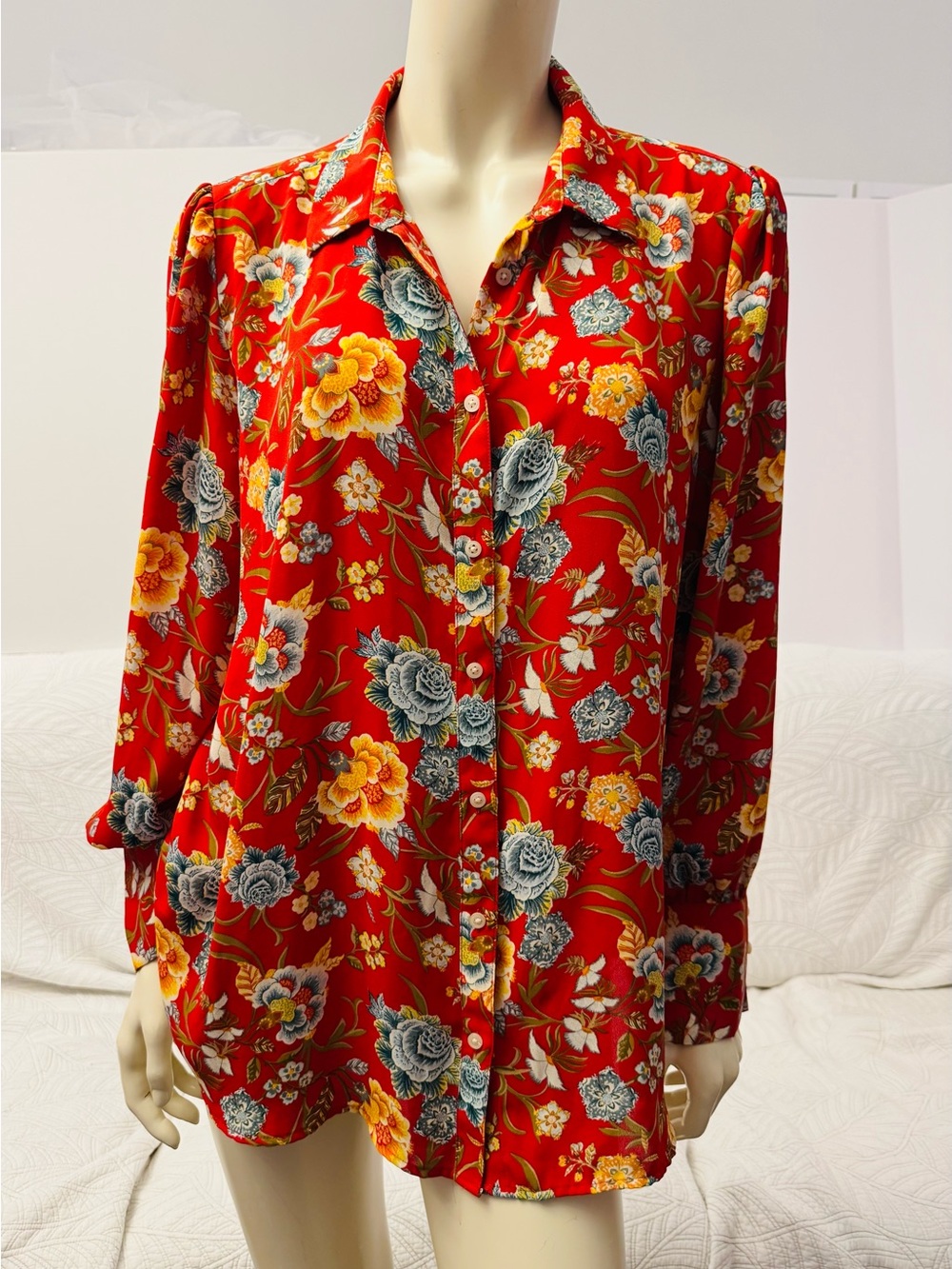 LOFT Red Floral Button-Down Blouse